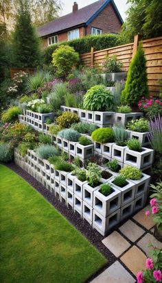 an outdoor garden with many different types of plants and flowers in the planter boxes