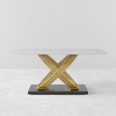 White Faux Marble Dining Table Rectangular Modern Minimalist Design Table Gold Dinning Table