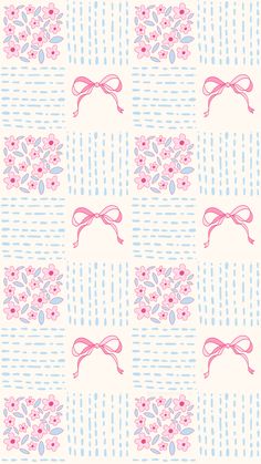 a blue and pink wallpaper with flowers, leaves and ribbons on it's sides