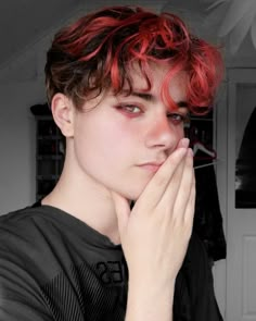 Emo Makeup For Guys, Edgy Hair Men, Guys With Red Hair Dyed, Emo Undercut, Guy Dyed Hair, Edgy Haircuts Men, Short Dyed Hair Men, Colorful Undercut, Men Hair Dye Ideas