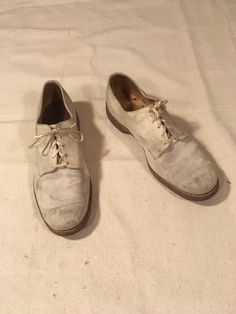 "vintage men's lace up shoes Cadet dirty white upper, buck feel 5 eyelet rows rubber Essex sole hard toe authentic age wear marks, scuffs, fade insoles have some glue and rust, probably want to insert insoles over label size 8 1/2 D, see below measures, insole- 10 3/4\" sole-11 3/4\" width-4 1/4\" heel-1 1/4\"" 1950 Mens Shoes, White Vintage Lace-up Oxfords, 1990s Shoes, Sage Green Maxi Dress, White Shoes Men, Dirty White, Mascarpone Cheese, All The Young Dudes, Handmade Boutique