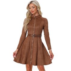 Simply pair it with boots or high heels, and it's suitable for Work, Office, Business, Casual, School, Shopping, Dinner, or Party. Long sleeve dress in zip up design gives you a casual feminine look, making you look smart and capable. A zip-upline high waist design brings you a trendy and attractive looks and shows your graceful and charming figure. Simple but elegant design makes this dress never out of style, will be a perfect addition to your closet. Fall Belted Knee-length Mini Dress, Fall Knee-length Belted Mini Dress, Fall Mini Dress Belted Knee-length, Winter Brown Belted Dress, Winter Party Dress With Zipper Closure, Midi Dress Work, Faux Suede Dress, Suede Dress, Vestidos Vintage