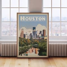 an image of a poster in front of a window with the word houston on it