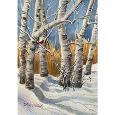 a painting of trees in the snow with red cardinal perched on one of them's branches