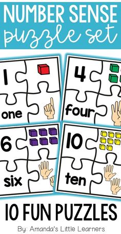 the number sense puzzle set is shown with four different puzzles to help children learn numbers