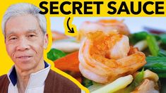 an older man is smiling next to a plate of food with shrimp and vegetables on it