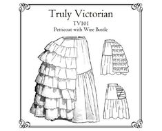 Truly Victorian TV101 - Petticoat with Wire Bustle  PRINT AT HOME sewing pattern on Letter or A4 paper.  Also includes AO format for professional printing.  Direct from trulyvictorian.com This petticoat bustle is based on an actual garment as seen in Harper's Bazaar magazine. This pattern will create a moderate sized bustle, proportioned to your hip size (one size does not fit all). It can be used as support for either 1870's or 1880's style of bustle dress. When combined with the TV170 Victorian Petticoat, you have the perfect foundation for you bustle dresses. This petticoat has a center front closure, and four hoop bones built into the back. This design allows for structural support for heavy skirts combined with ease of movement and wearability (you can sit down without making any adju Truly Victorian, Victorian Petticoat, Western Weddings, Victorian Bustle, Bazaar Magazine, Harpers Bazaar Magazine, 19th Century Clothing, Christine Daae, Bustle Skirt