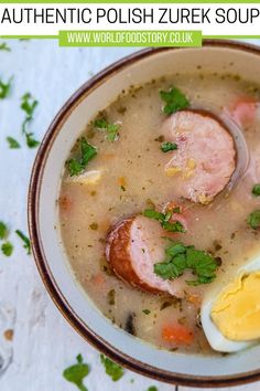 an image of a bowl of soup with eggs and meat in it on the table