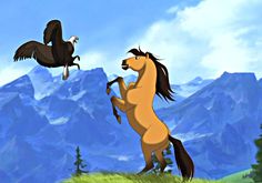 the horse is standing on its hind legs in front of another horse that is flying above it