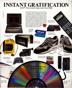 an advertisement for electronic gadgets, including a cd player and other items that are on display