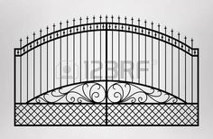 a wrought iron gate with an arched top and decorative designs on the sides, isolated against a white background