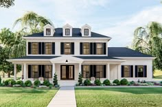 this is an artist's rendering of a house in the country style with black shutters and white trim