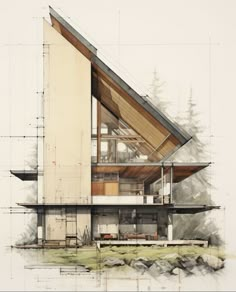 an architectural drawing of a house on top of a hill with trees in the background