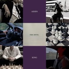 a collage of photos with chess, the devil and other things in them that are black and white