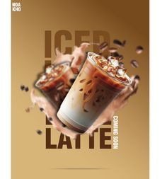 an advertisement for iced latte with two cups filled with liquid and coffee beans flying around