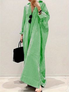 Women's Colorblock Striped Single Breasted Long Sleeve Loose Summer Vacation Style Dress Maxi Women Outfit Green Casual  Long Sleeve Woven Fabric Striped,All Over Print,Textured Pattern Shirt Non-Stretch  Women Clothing, size features are:Bust: ,Length: ,Sleeve Length: Summer Vacation Style, Naija Fashion, Vacation Style, Women Long Dresses, Single Breasted, Shirt Pattern, Summer Vacation, Dress P, Green Dress