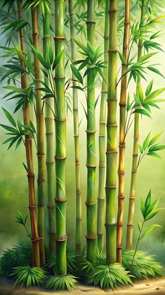 a painting of bamboo trees with green leaves