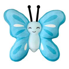 a blue and white stuffed butterfly with two black antennaes on it's wings