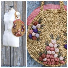 "Great vintage purse from the 60s or 70's. Made of soft woven twine and crocheted flowers. Fully lined. Great condition - looks used, but no stains or holes. Strap has a spot that was repaired. / / / / / / MEASUREMENTS: / / / / / / (all were taken while laying flat - double where necessary) HANG: 8\" LENGTH (top of strap to bottom of bag): 19\" BAG LENGTH: 12\" WIDTH (at widest): 11\" ENJOY FREE SHIPPING ACROSS THE USA!" Vintage Brown Woven Straw Bag, Vintage Crochet Bag For Everyday Summer Use, Vintage Woven Crochet Beach Bag, Vintage Woven Crochet Bag For Summer, Vintage Handwoven Straw Bag, Vintage Beige Crochet Bag For Summer, Vintage Handmade Straw Bag For The Beach, Vintage Crochet Bag For Summer, Vintage Handmade Straw Bag For Beach