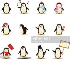 penguins in different poses with musical instruments and signs royalty - free stockvectors