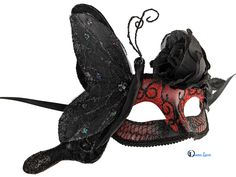 Black Moth masquerade mask  Deep red masquerade mask decorated with black glitter and black trims. A large black velvet and organza butterfly decorated with glitter and sequins rests on one side of the mask. A black rose decorates the other side. The butterfly have wire structure and is malleable. Great home decor for after the party. When ordering please choose which side of the mask you would like the butterfly to be in. Ribbon ties, hand made in Australia. Laura Lucci's collection. Black Fantasy Eye Mask, Adjustable Black Fantasy Masquerade Mask, Black Adjustable Masquerade Mask, Black Luxury Eye Mask For Masquerade, Red Masquerade Mask, Gothic Black Eye Masquerade Mask, Masquerade Mask Black, Red Butterfly, Costume Mask