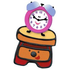 a pink clock sitting on top of a pile of food with sunglasses on it's head