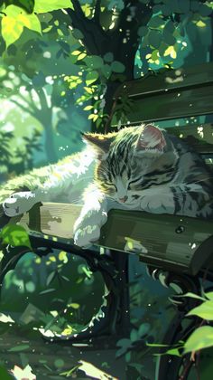 a cat laying on top of a wooden bench in the forest with green leaves surrounding it