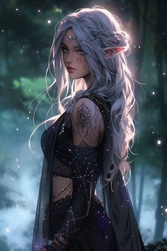 a woman with white hair and tattoos standing in front of a forest filled with stars