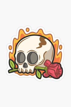 a sticker with a skull and rose on it's side, in the shape of a flame