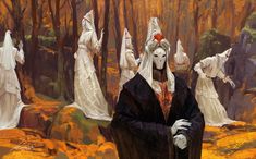 an image of a group of people dressed up in ghost costumes walking through the woods