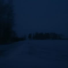 an empty road at night with trees in the background