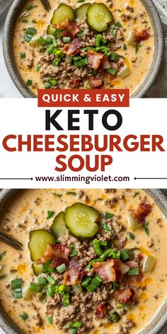 two bowls filled with keto cheeseburger soup