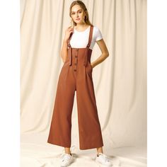 Show your casual laid-back vibes in this cute straight-fit overall jumpsuit. This woven overall jumpsuit features a low square neckline, shoulder straps, a partial button-front placket, a removable self-tie at the waist, a wide leg, and a relaxed silhouette. Soft fabric makes this overall jumpsuit comfortable to wear. It makes you beautiful with fashion and classic design and makes you stand out in the crowd. This loose-fit overall jumpsuit suit is for most ladies, you can pair it with a T-shirt Overalls Brown, Jumpsuit Suit, Long Overalls, Belted Jumpsuit, Overall Jumpsuit, Short People, Belt Jumpsuit, Leg Belt, Jumpsuit Summer