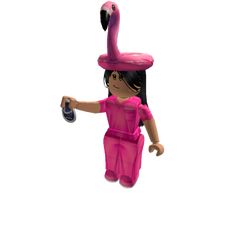 a girl in a pink suit and hat with a flamingo on her head is flying through the air