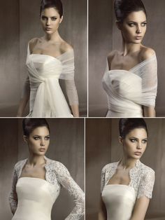 four different shots of a woman in a white dress