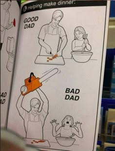 an open book with instructions on how to use a chainsaw for dad's dinner