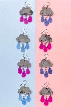 Recycled 3D printer waste raincloud earrings. Made by Remix Plastic, NZ. 3d Printer