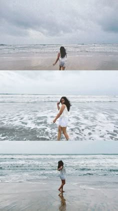 two girls are playing on the beach and one girl is jumping in the air with her arms out