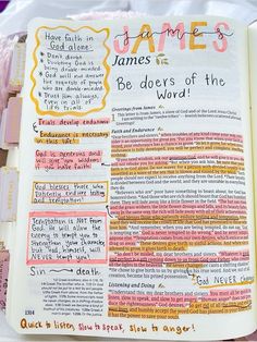 an open bible with some writing on the pages and words in pink, yellow, and orange