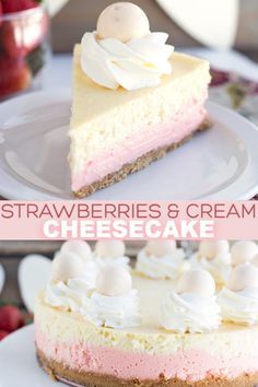 two different cheesecakes on plates with strawberries and cream in the top one