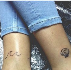 two people with tattoos on their legs and one has a seashell tattoo on the ankle