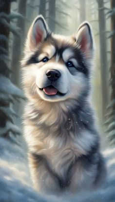 a painting of a husky dog in the snow