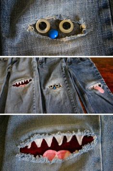 two pictures of the inside of a jean jacket with fake teeth and eyes on it