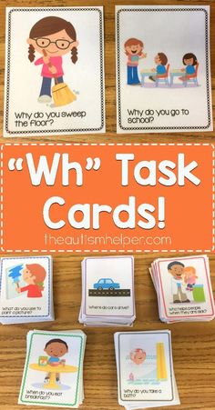 four cards with the words who's task cards on them and an orange background