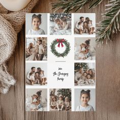 a christmas card with photos of people and wreaths on it, surrounded by pine branches