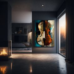 a room with a painting on the wall next to a fire place