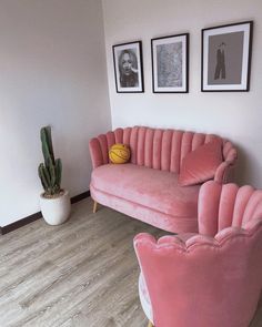 a pink couch and chair in a room with pictures on the wall above it, next to a cactus