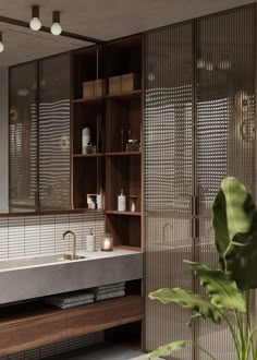 a bathroom with a sink, mirror and shelves on the wall next to plants in vases