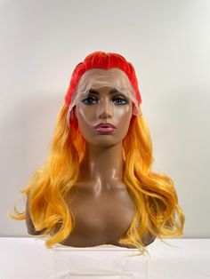 A styled Red and Orange lace front wig made from heat safe synthetic hair.  Ready to be shipped and sold as seen. Wig Making, Synthetic Hair, Lace Front, Lace Front Wigs, Festival Season, Hair Care, Wigs, Braids, Art Collection