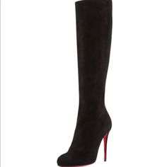 Suede Knee High Authentic Christian Louboutin Boots. Approx. 15 1/4"H Shaft With Covered Stretch Panel. 14" Circumference. 4" Covered Heel. Round Toe. Full-Length Back Zip Leather Lining And Insole. Signature Christian Louboutin Red Leather Sole. Size 39.5 Re-Soles Bottoms Earlier This Year. See Photos Louboutin Boots, Suede Knee High Boots, Christian Louboutin Boots, Red Louboutin, Suede Boots Knee High, Christian Louboutin Shoes, Shoes Heels Boots, High Boots, Knee High Boots